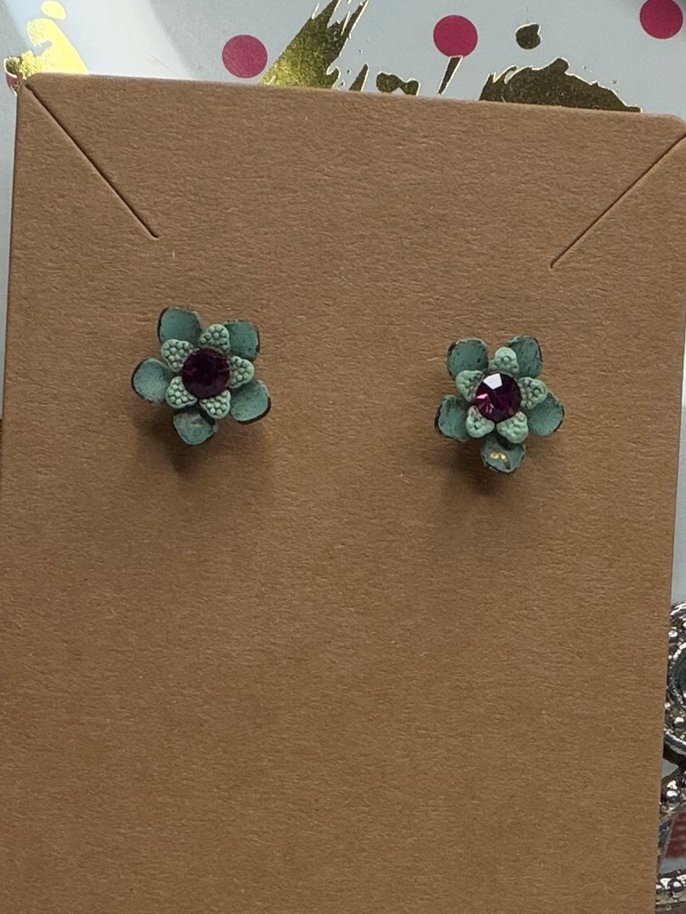 Vintage Sage Green Enamel Flower Stud Earrings Ruby Pink Crystal Cottagecore